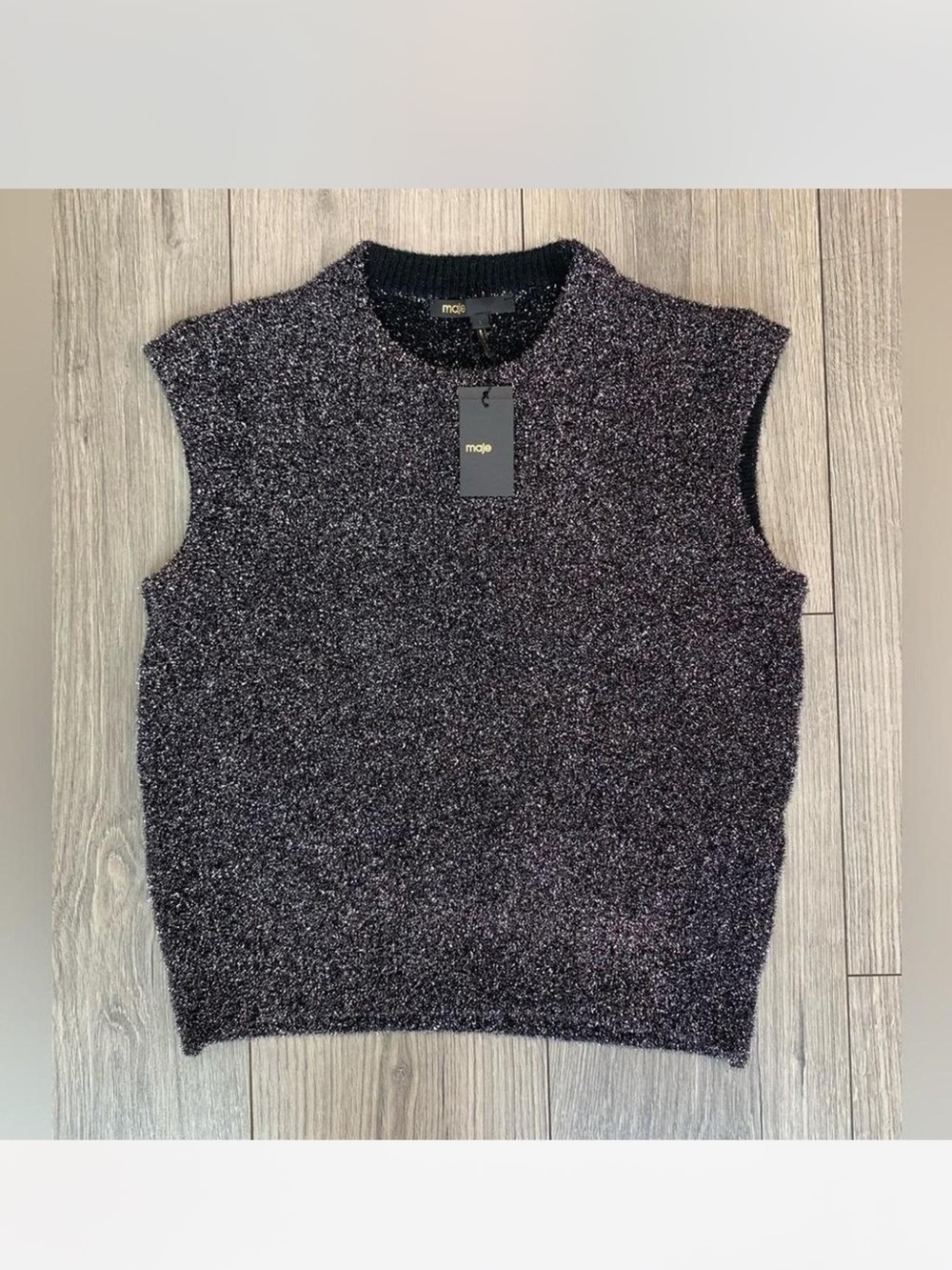 Maje women’s Sparkle Crewneck Sleeveless Sweater - Black with Silver Flecks